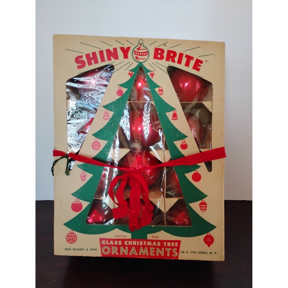 Vintage Shiny Brite Red Glass Christmas Ornaments Set of 12 Original Box 0215